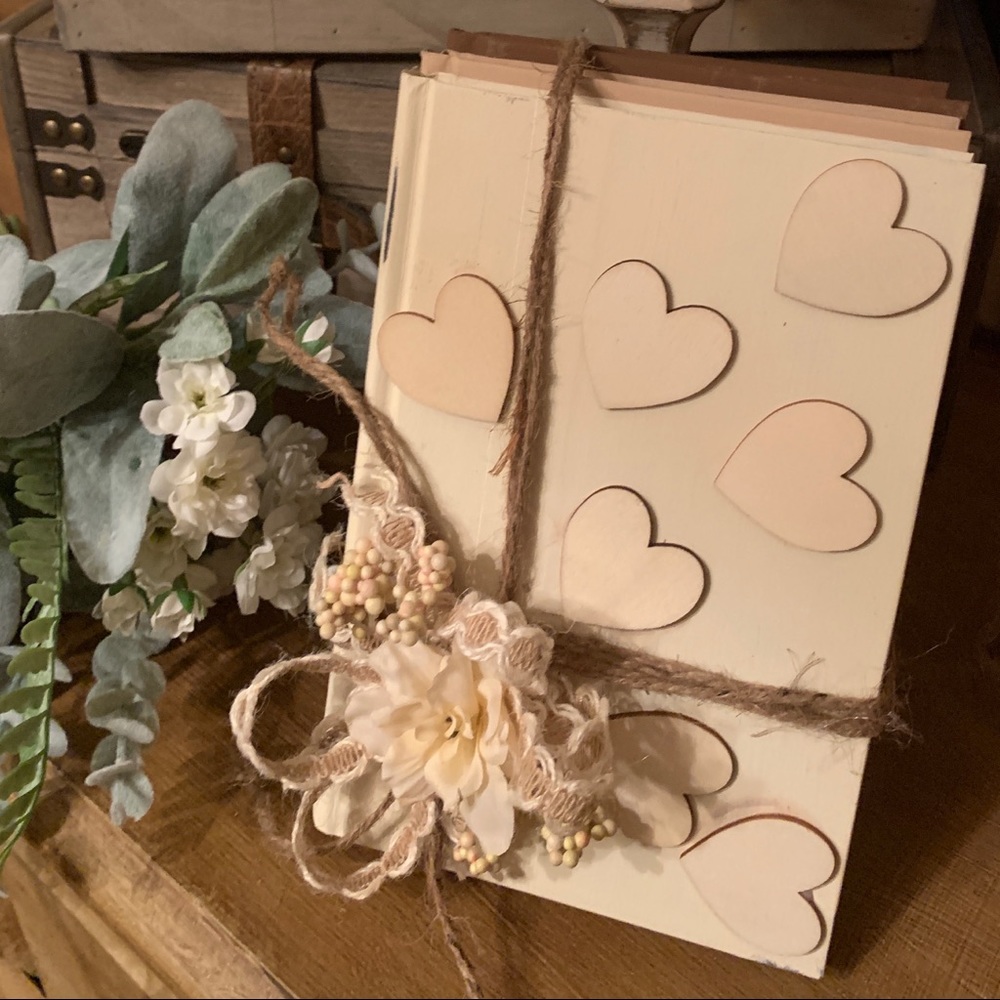 Decorative Book Bundle Beige with wood hearts, stack of Books New Handmade